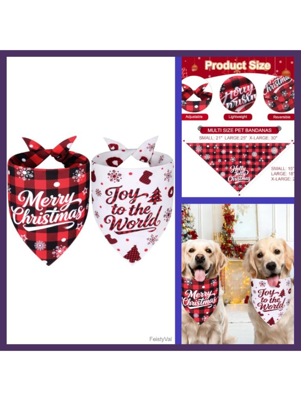 2Pc Christmas Dog Bandanas Polyester Double-Sided Holiday Pet Scarf